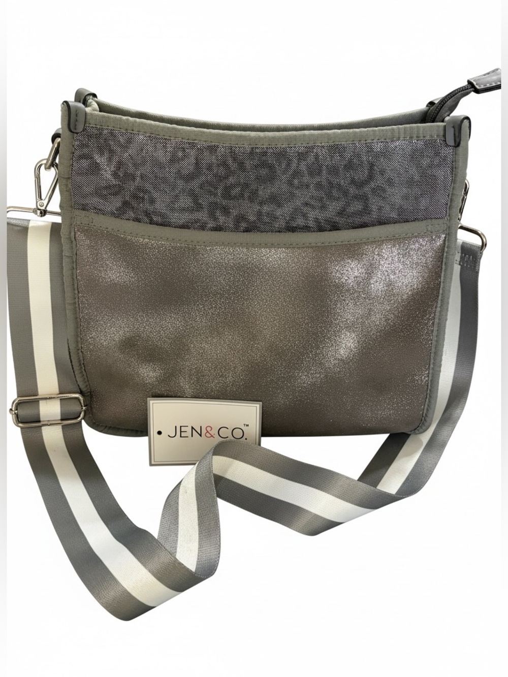 Jen & Co Sparkly Leopard Print Silver  Neoprene Metallic Messenger Crossbody